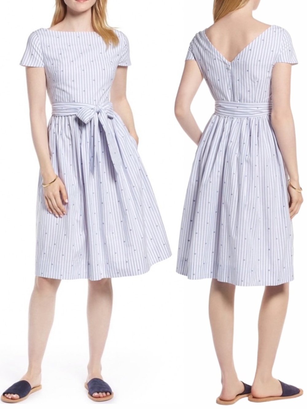 1901 Nordstrom Stripe Dot 100% Cotton Midi Dress Blue White Size 6P Petite EUC